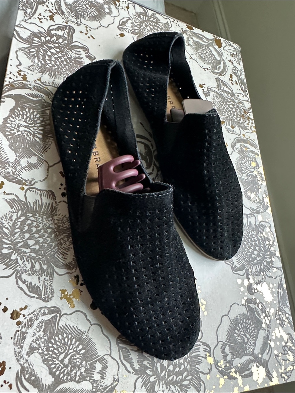 Lucky Brand Black Perforated Suede Slip-Ons with Pointed Toe